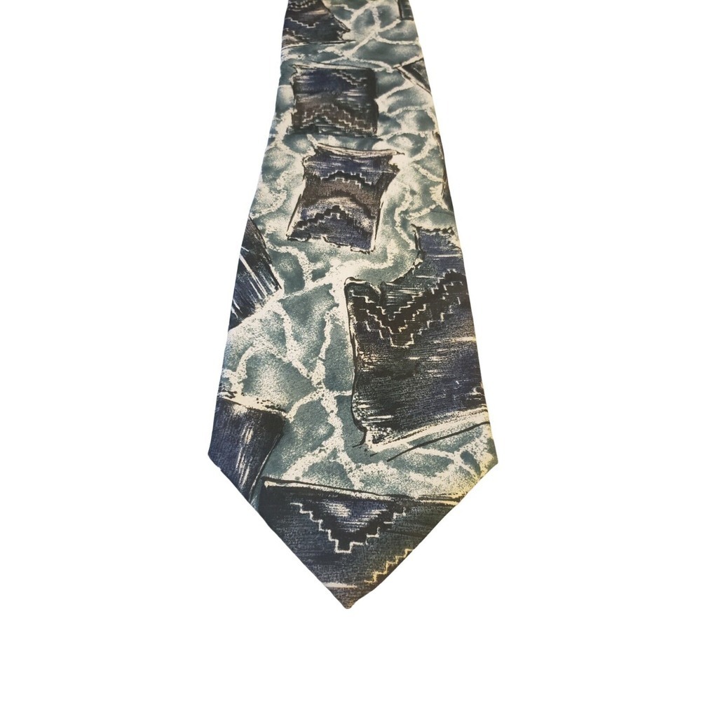 Barrington Mens Necktie Designer Tie Blue Green Abstract 100% Silk Wedding Work - Picture 1 of 12